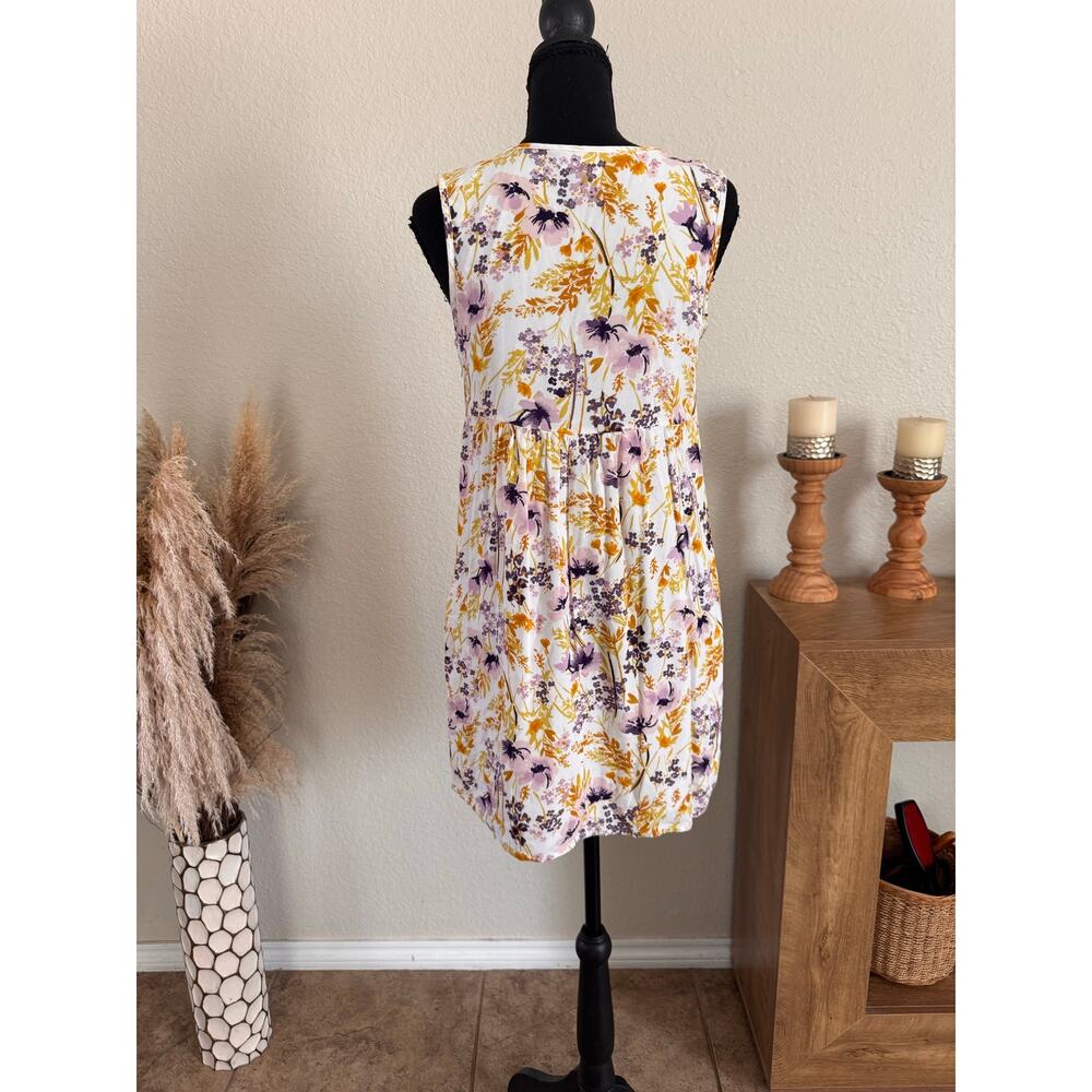 Old Navy Floral Pintuck Mini Dress XS Purple Mustard Yellow Babydoll Sleeveless - Picture 6 of 8